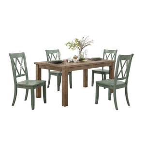 English Elm 5pc Farmhouse Dining Set Pine Table with Four Double X Back Chairs for Kitchen Brown+Teal B011S00998