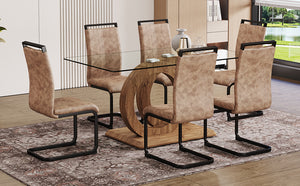 English Elm 1 Contemporary Dining Set With Clear Tempered Glass Table & 6 Brown Fabric Chairs For Modern Homes W1151S04028