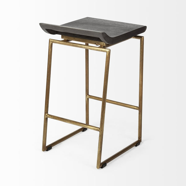 Mercana Givens 24.25"H Contemporary Stool with Ergonomic Wood Seat and Elegant Metal Frame for Versatile Use Brown Wood | Gold Metal | Counter 67852