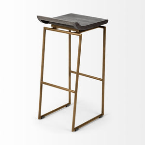 Mercana Givens Stylish Stool with Contoured Wooden Seat and Antiqued Gold Base for Modern Interiors Brown Wood | Gold Metal | Bar 67991