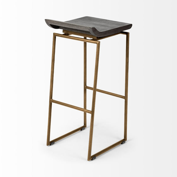 Mercana Givens Stylish Stool with Contoured Wooden Seat and Antiqued Gold Base for Modern Interiors Brown Wood | Gold Metal | Bar 67991