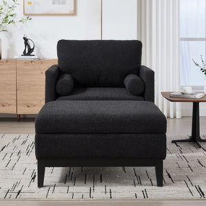 English Elm 35.4" Farmhouse Upholstered Arm Chair & Ottoman Set With Black Boucle For Cozy Living Room Comfort W3118S00001