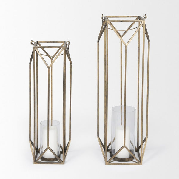 Mercana Ivy Elegant Geometric Metal Lantern - Sculptural Candle Holder for Ambient Home Lighting Decor Gold Metal | 30H 68975