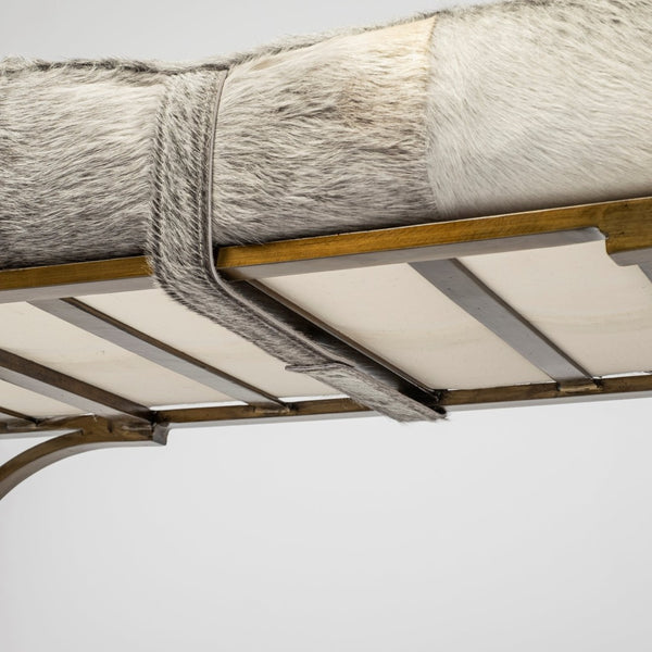 Mercana Jessie Accent Bench: Luxurious Leather Upholstery with Sturdy Metal Base for Modern Living Spaces White/Gray Hair-On-Hide | Gold Metal 69060