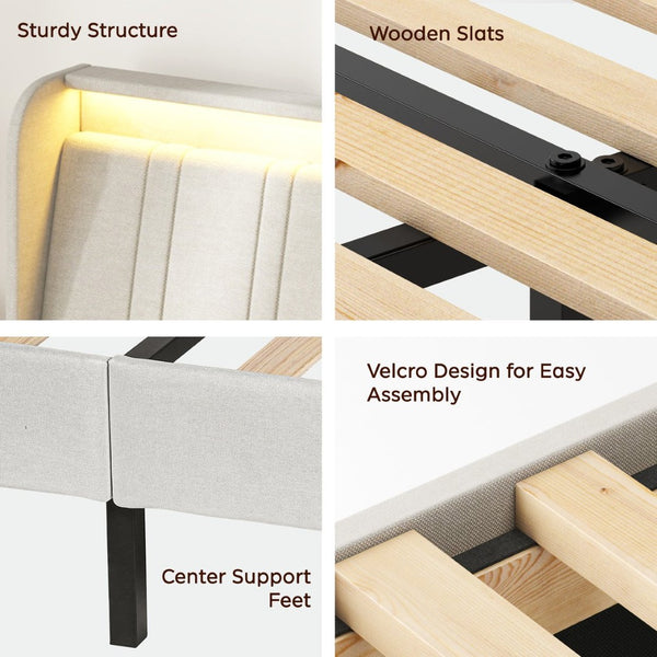 English Elm Queen Platform Bed Upholstered Headboard Wooden Slats Usb Charging Ports Bedroom W2889P272596