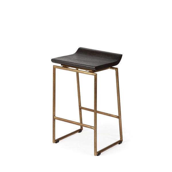 Mercana Givens 24.25"H Contemporary Stool with Ergonomic Wood Seat and Elegant Metal Frame for Versatile Use Brown Wood | Gold Metal | Counter 67852