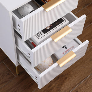 English Elm Nightstand with Drawer | 3-Tier Modern Bedside Table with Hidden Drawer, Open Shelves, Sturdy Build White+Gold 27.4 L x 17.9 W x 6.3 H W3151P345786