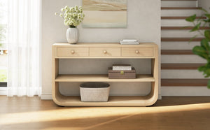 English Elm [video] Sculptural Console Table Pine Wood Curved Legs Soft-close Drawers Open Shelving Entryway Natural N759P433560N