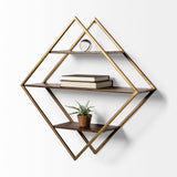 Mercana Neil I Diamond Shape Wall Mounted Brass Frame w Three Wood Wall Shelves 68006