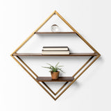 Mercana Neil I Diamond Shape Wall Mounted Brass Frame w Three Wood Wall Shelves 68006