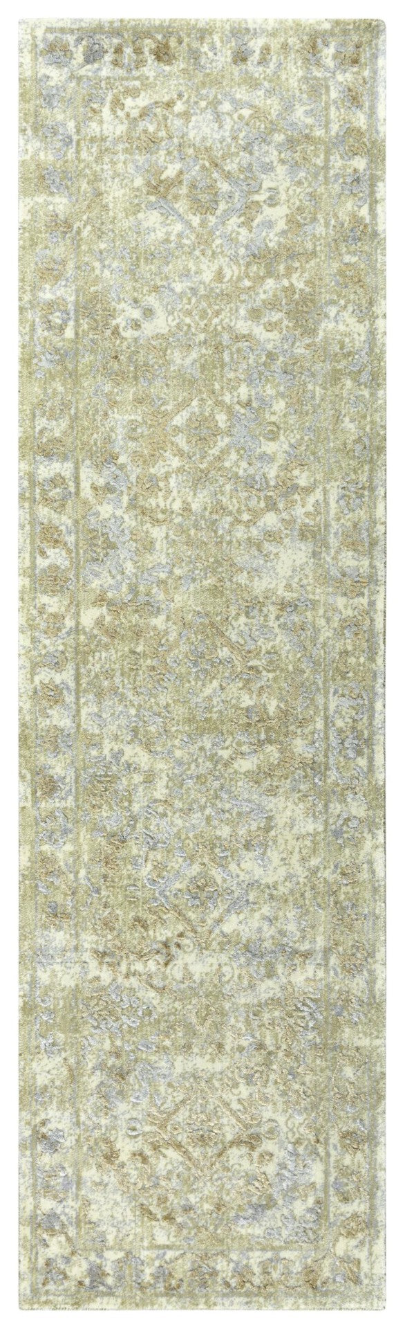 Alora Decor Radiant Beige Runner With Vintage Carved Border, Viscose Shimmer, Wool-Tencel Hybrid Durable Elegance 2'6" x 10' 00400411400042610