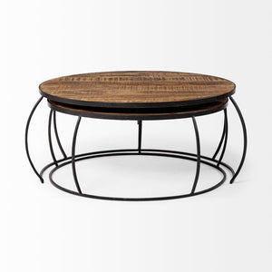 Mercana Clapp Round Nesting Coffee Tables with Solid Mango Wood Tops & Black Iron Base for Modern Spaces Brown Wood | X Pattern 50350