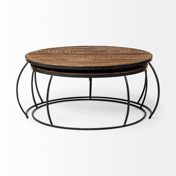 Mercana Clapp Round Nesting Coffee Tables with Solid Mango Wood Tops & Black Iron Base for Modern Spaces Brown Wood | X Pattern 50350