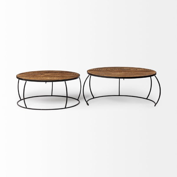 Mercana Clapp Round Nesting Coffee Tables with Solid Mango Wood Tops & Black Iron Base for Modern Spaces Brown Wood | X Pattern 50350