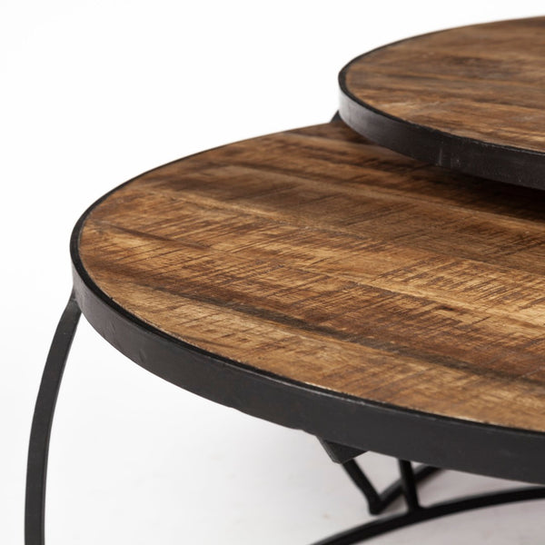 Mercana Clapp Round Nesting Coffee Tables with Solid Mango Wood Tops & Black Iron Base for Modern Spaces Brown Wood | X Pattern 50350