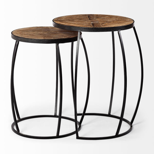 Mercana Clapp Nesting Accent Tables Set of 2 - Modern Round Design with Mango Wood Top and Metal Frame Brown Wood | Black Metal | X Pattern 50472