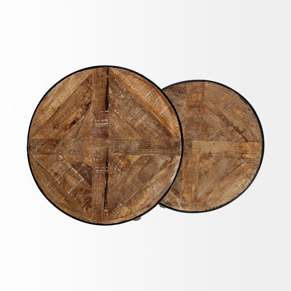 Mercana Clapp Nesting Accent Tables Set of 2 - Modern Round Design with Mango Wood Top and Metal Frame Brown Wood | Black Metal | X Pattern 50472
