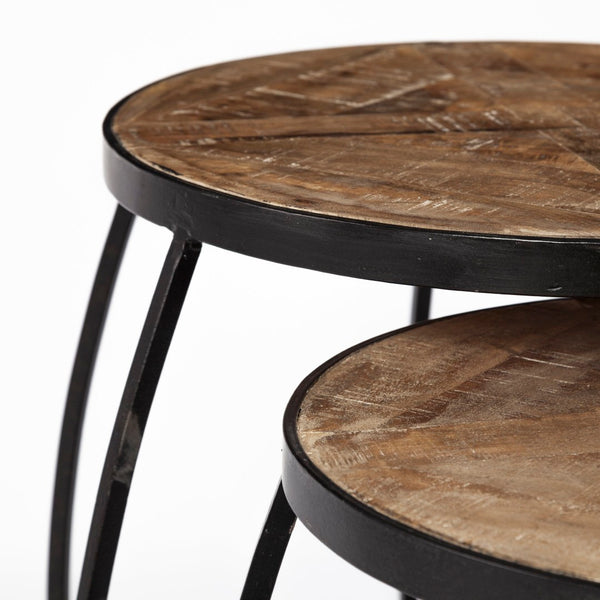 Mercana Clapp Nesting Accent Tables Set of 2 - Modern Round Design with Mango Wood Top and Metal Frame Brown Wood | Black Metal | X Pattern 50472