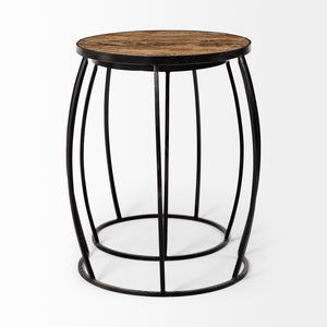 Mercana Clapp Nesting Accent Tables Set of 2 - Modern Round Design with Mango Wood Top and Metal Frame Brown Wood | Black Metal | Line Pattern 50473