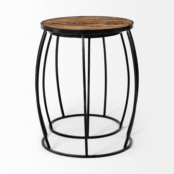 Mercana Clapp Nesting Accent Tables Set of 2 - Modern Round Design with Mango Wood Top and Metal Frame Brown Wood | Black Metal | Line Pattern 50473