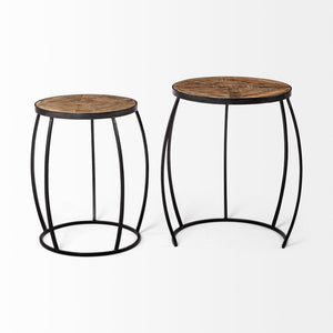 Mercana Clapp Nesting Accent Tables Set of 2 - Modern Round Design with Mango Wood Top and Metal Frame Brown Wood | Black Metal | Line Pattern 50473