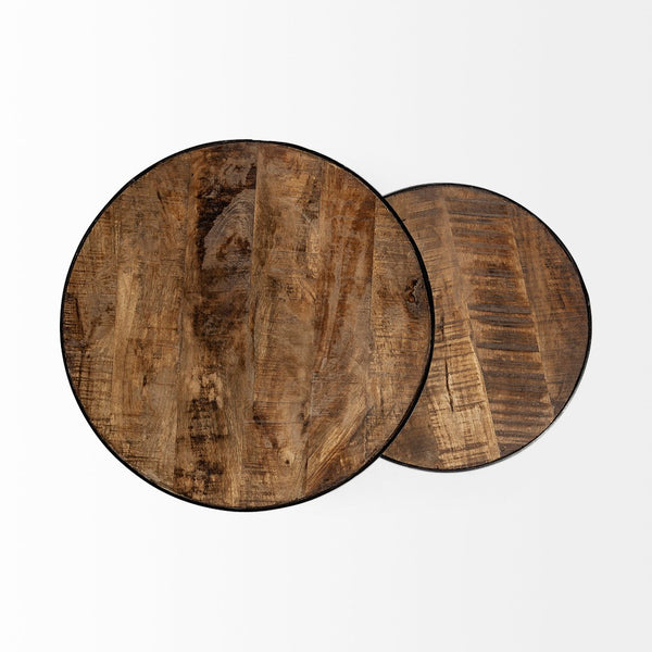 Mercana Clapp Nesting Accent Tables Set of 2 - Modern Round Design with Mango Wood Top and Metal Frame Brown Wood | Black Metal | Line Pattern 50473