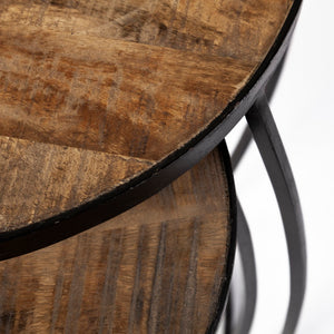Mercana Clapp Nesting Accent Tables Set of 2 - Modern Round Design with Mango Wood Top and Metal Frame Brown Wood | Black Metal | Line Pattern 50473