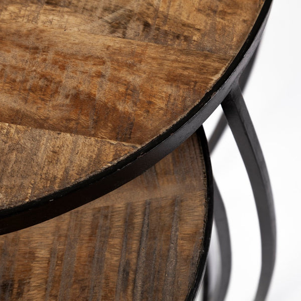 Mercana Clapp Nesting Accent Tables Set of 2 - Modern Round Design with Mango Wood Top and Metal Frame Brown Wood | Black Metal | Line Pattern 50473