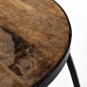 Mercana Clapp Nesting Accent Tables Set of 2 - Modern Round Design with Mango Wood Top and Metal Frame Brown Wood | Black Metal | Line Pattern 50473