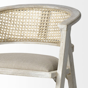 Mercana Tabitha Coastal-Inspired Counter Stool with Woven Cane Back and Cushioned Seat for Modern Spaces Beige Fabric | Blonde Wood | Counter 68496