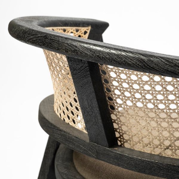 Mercana Tabitha Dining Chair - Handcrafted Wooden Frame with Cushioned Seat for Cozy, Elegant Dining Spaces Brown Fabric | Cane Back| Black Wood 68495