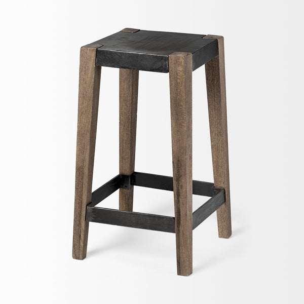 Mercana Nell 26" Industrial-Style Counter Stool with Solid Mango Wood Legs and Ergonomic Foot Rest Design Black Metal | Light Brown Wood | Counter 50507