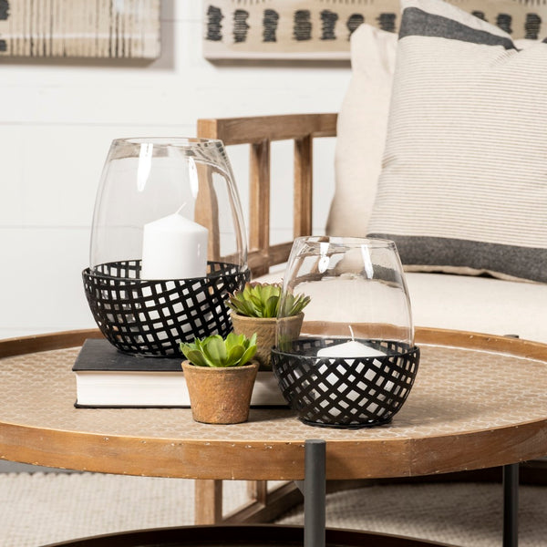 Mercana Reena Small Woven Metal Base Candle Holder with Hurricane Glass for Stylish Home Décor Lighting Black Metal | 10H 68939