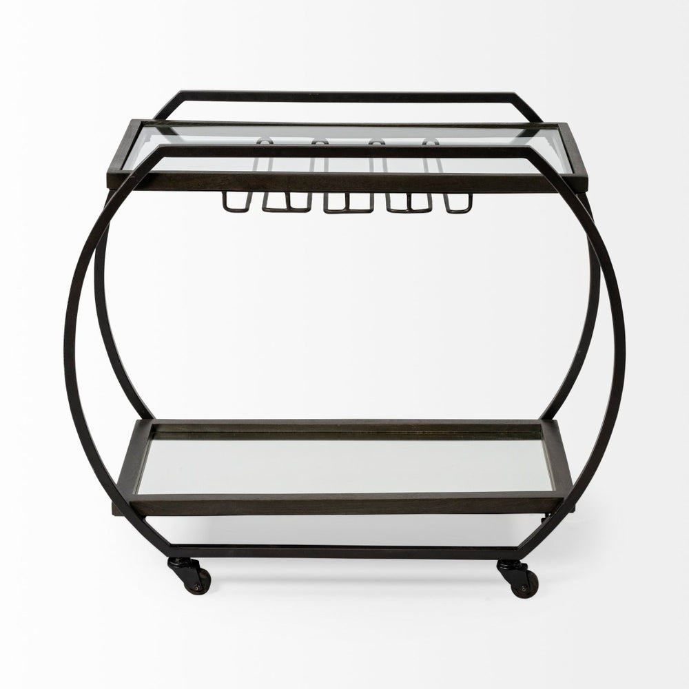 Mercana Chriselle Two-Tier Rolling Bar Cart with Oval Frame and Mirrored Shelf for Stylish Entertaining Spaces 69086