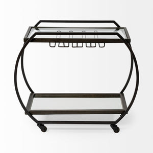 Mercana Chriselle Two-Tier Rolling Bar Cart with Oval Frame and Mirrored Shelf for Stylish Entertaining Spaces 69086