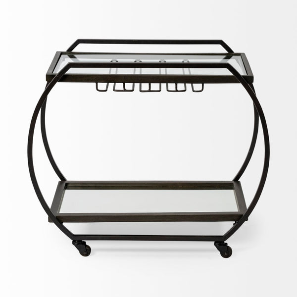 Mercana Chriselle Two-Tier Rolling Bar Cart with Oval Frame and Mirrored Shelf for Stylish Entertaining Spaces 69086