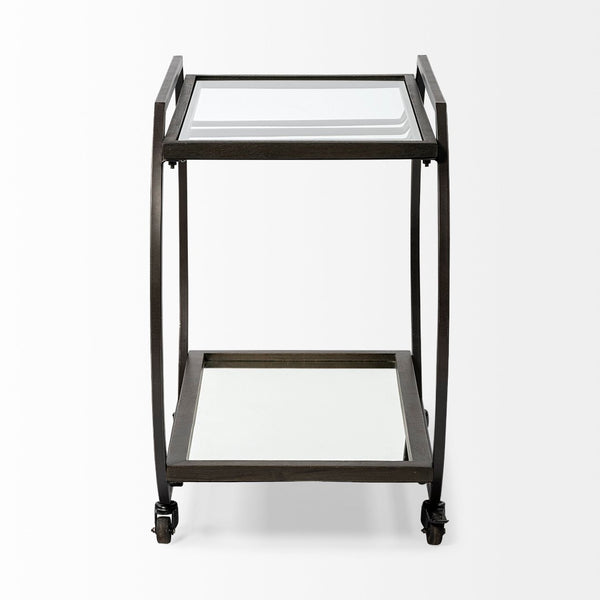 Mercana Chriselle Two-Tier Rolling Bar Cart with Oval Frame and Mirrored Shelf for Stylish Entertaining Spaces 69086