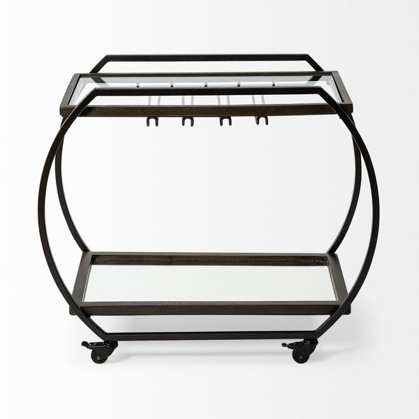 Mercana Chriselle Two-Tier Rolling Bar Cart with Oval Frame and Mirrored Shelf for Stylish Entertaining Spaces 69086