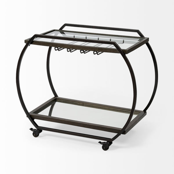 Mercana Chriselle Two-Tier Rolling Bar Cart with Oval Frame and Mirrored Shelf for Stylish Entertaining Spaces 69086