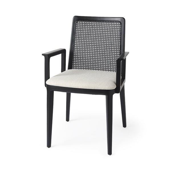 Mercana Clara Armless Dining Chair with Woven Cane Back and Cushioned Seat for Coastal and Boho Spaces Cream Fabric |Black Wood (Armchair) 69352