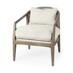Mercana Landon Accent Chair - Mid-Century Charm with Woven Cane Back, Plush Bouclé Seat for Cozy Spaces 69354