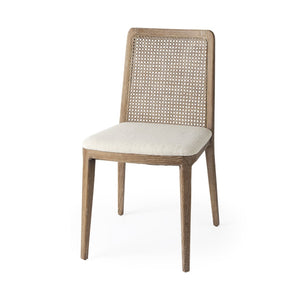Mercana Clara Armless Dining Chair with Woven Cane Back and Cushioned Seat for Coastal and Boho Spaces Cream Fabric |Brown Wood 69349