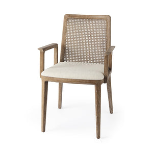 Mercana Clara Armless Dining Chair with Woven Cane Back and Cushioned Seat for Coastal and Boho Spaces Cream Fabric | Brown Wood 69351