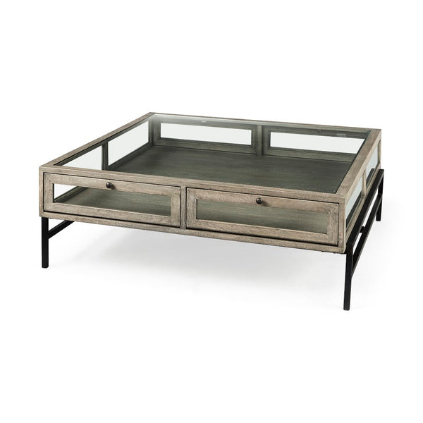 Mercana Arelius 42" Glass-Top Display Coffee Table with Sturdy Metal Base for Stylish Home Décor Showcase Gray Wood | Black Metal | Square 69297