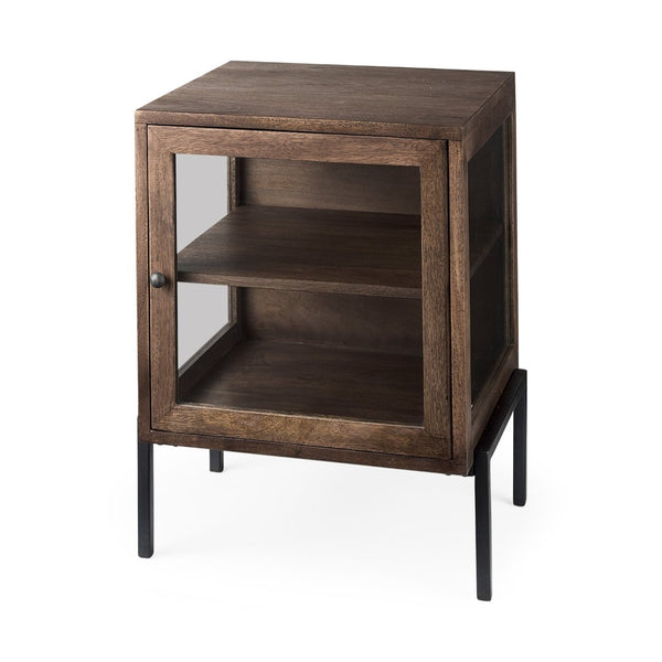Mercana Arelius End Table: Elegant Mango Wood with Glass Shadowbox and Matte Black Frame for Modern Living Medium Brown Wood | Black Metal 69302
