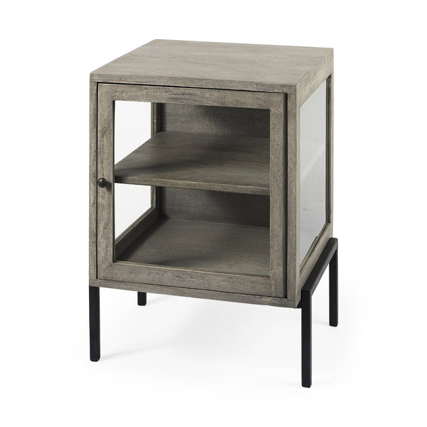 Mercana Arelius End Table: Elegant Mango Wood with Glass Shadowbox and Matte Black Frame for Modern Living Gray Wood | Black Metal 69303