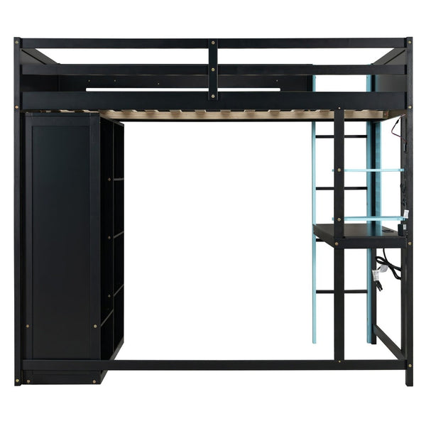 English Elm Full Size Gaming Loft Bed with Rgb Lighting Integrated Desk and Open Wardrobe Blue N820S00073C