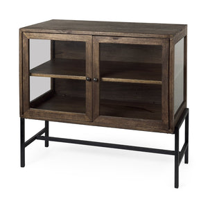 Mercana Arelius Accent Cabinet with Glass Doors & Removable Shelf – Stylish Storage for Any Space Medium Brown Wood | Black Metal 69290