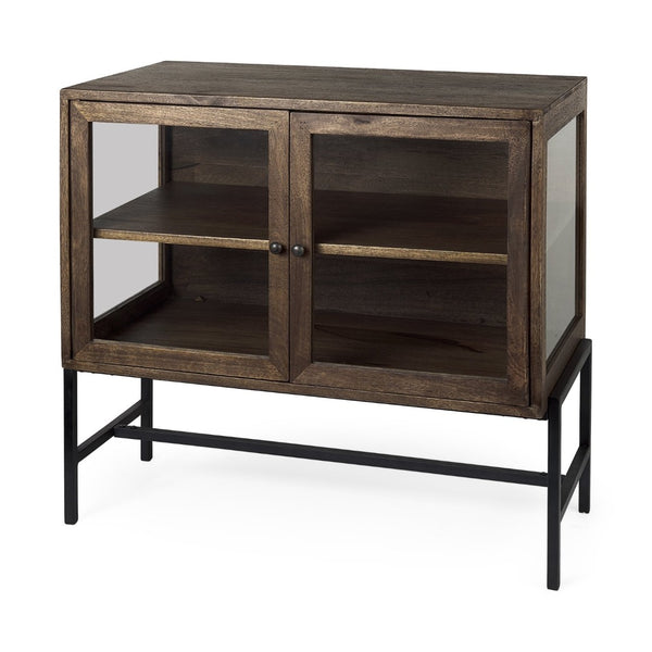 Mercana Arelius Accent Cabinet with Glass Doors & Removable Shelf – Stylish Storage for Any Space Medium Brown Wood | Black Metal 69290