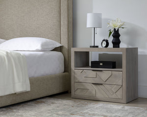 Sunpan Lisboa Nightstand - Unique Handcrafted Light Grey Mango Wood Nightstand with Intricate Drawers & Shelf